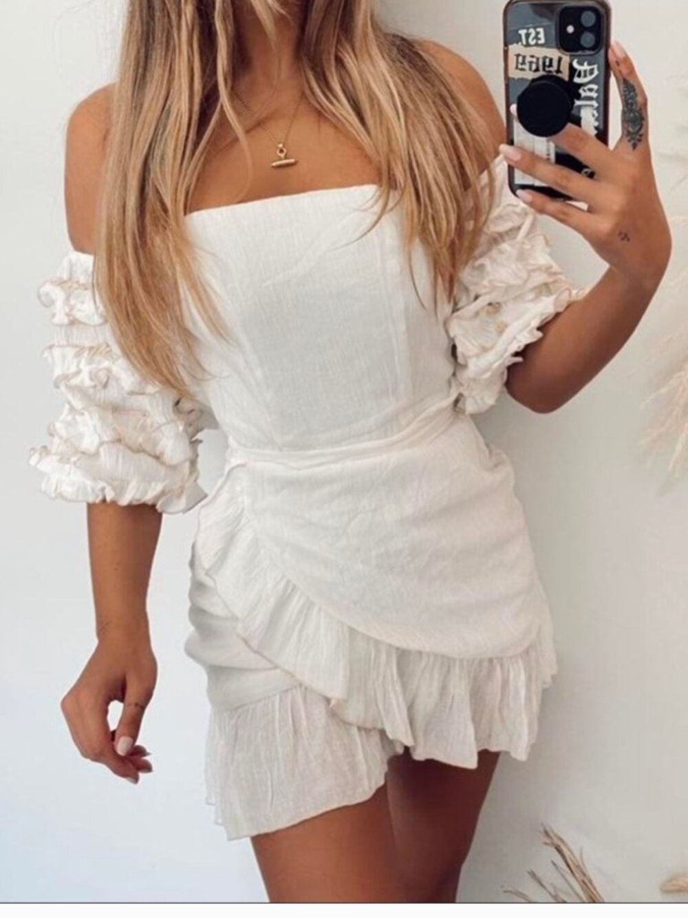 SABO SKIRT Cream Mini Wrap Dress, Off-the-Shoulder, Ruffle Sleeves, Size L